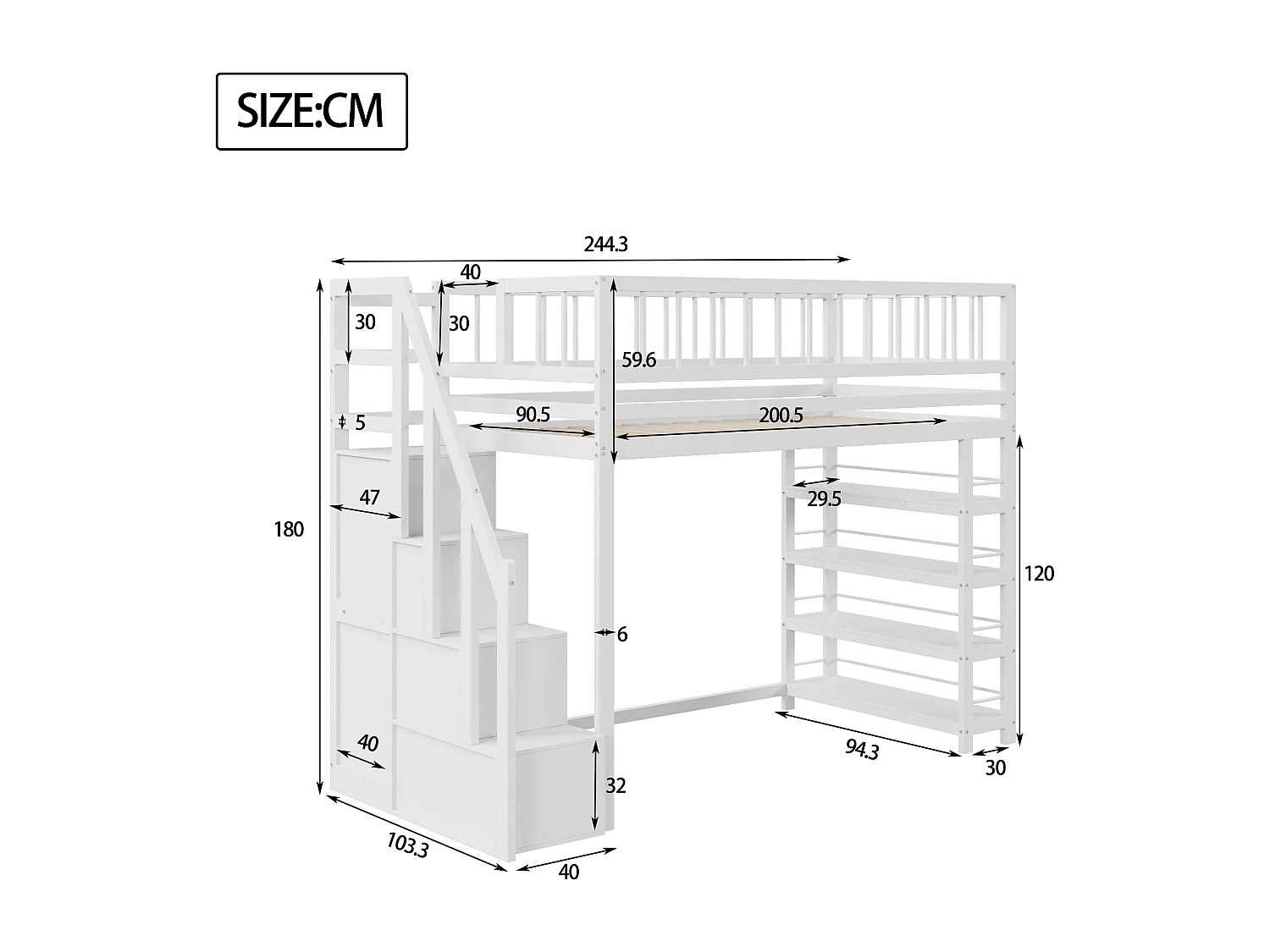 Lit mezzanine pour enfant - 90 x 200 cm - avec armoire et 3 rangements dans l'escalier - Bois massif - Blanc