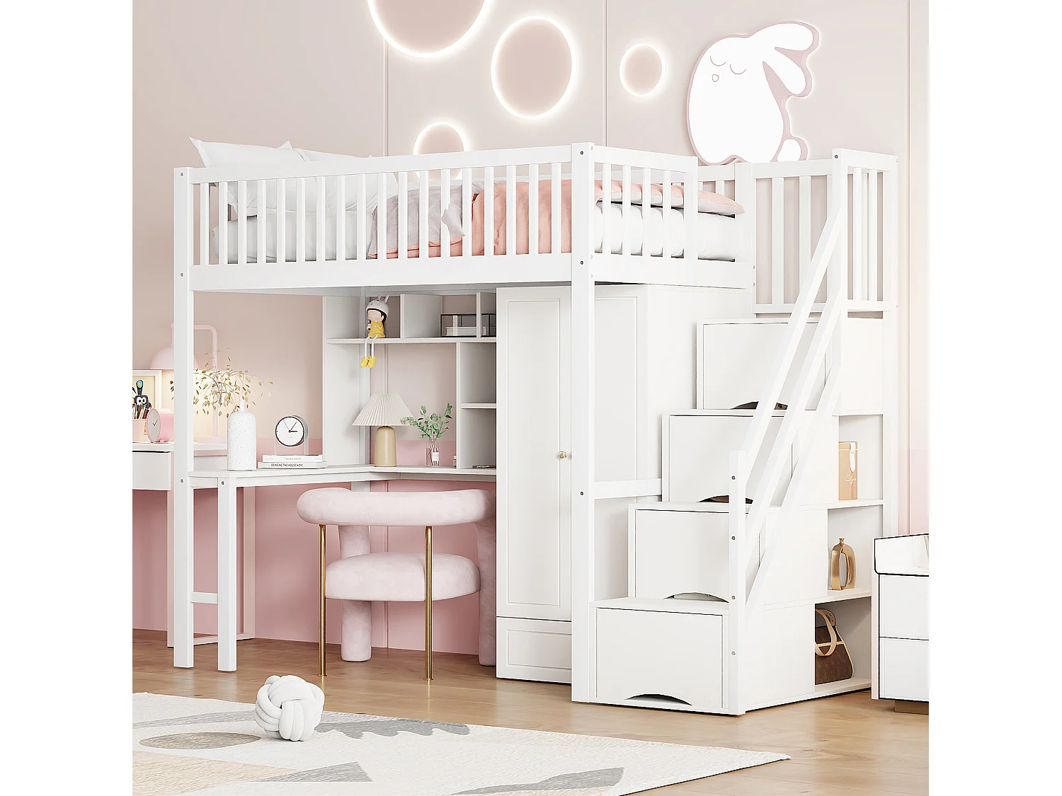 Łóżko dziecięce antresola z szafą - 90 x 200 - z biurkiem - 4 schowki w schodach - Drewno lite - Białe