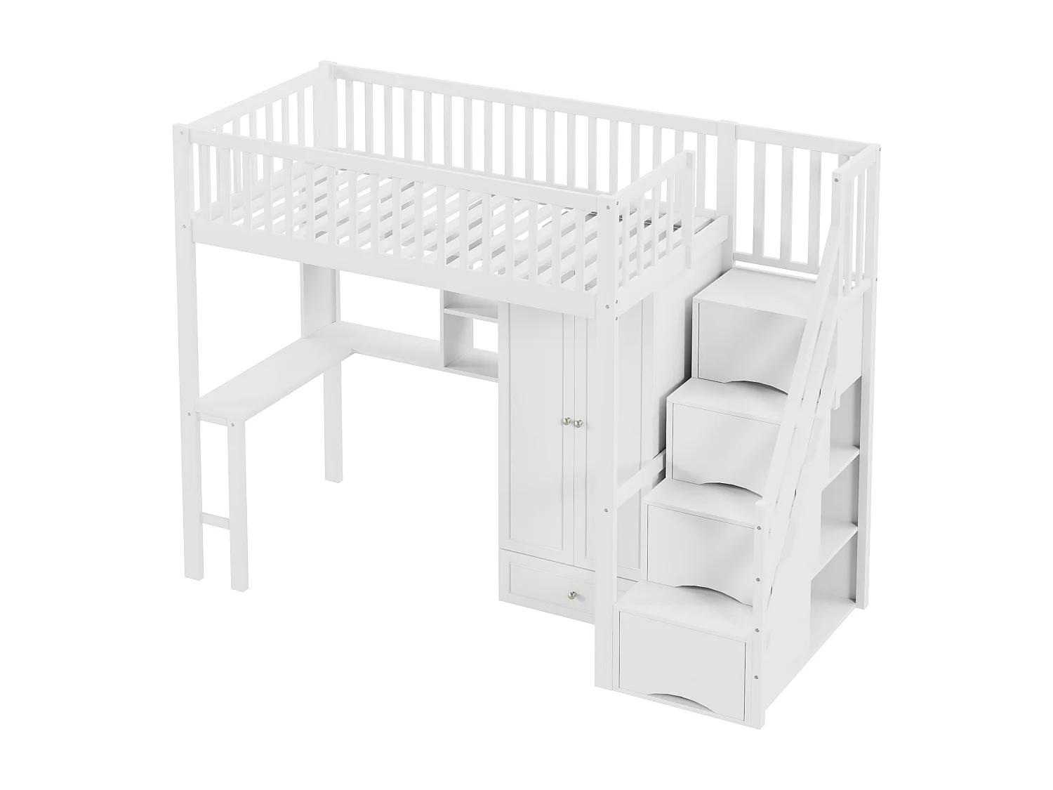 Łóżko dziecięce antresola z szafą - 90 x 200 - z biurkiem - 4 schowki w schodach - Drewno lite - Białe