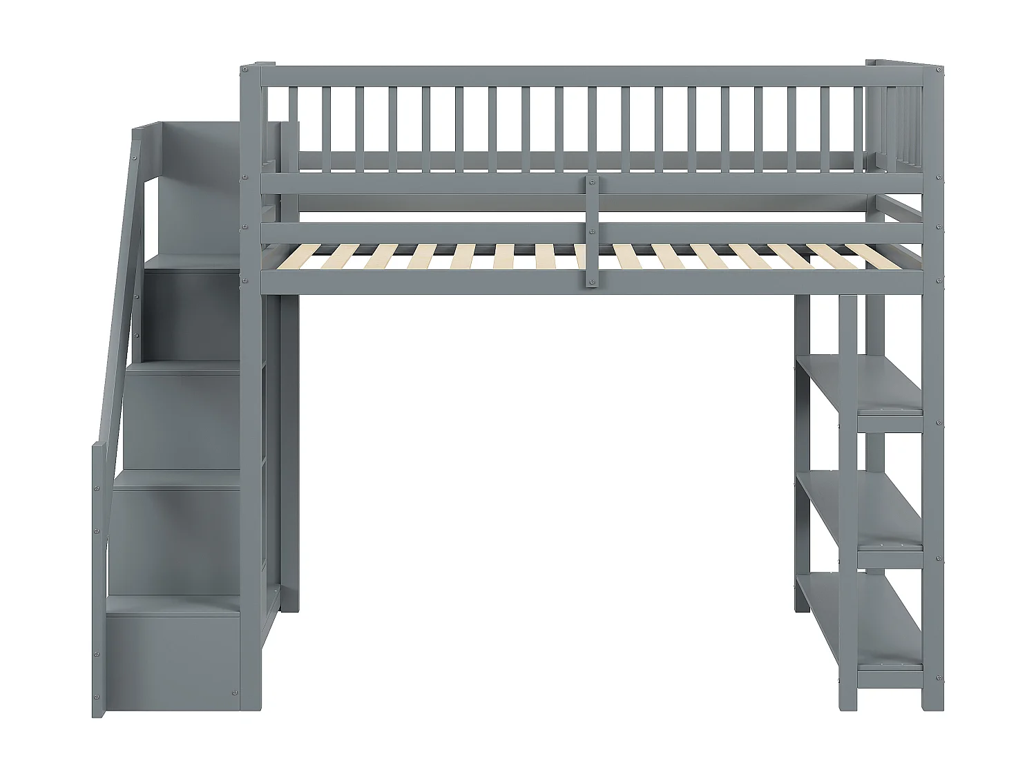 Lit mezzanine enfant avec armoire - 90 x 200 cm - tiroire - 2 rangements dans l'escalire - Bois massif - gris