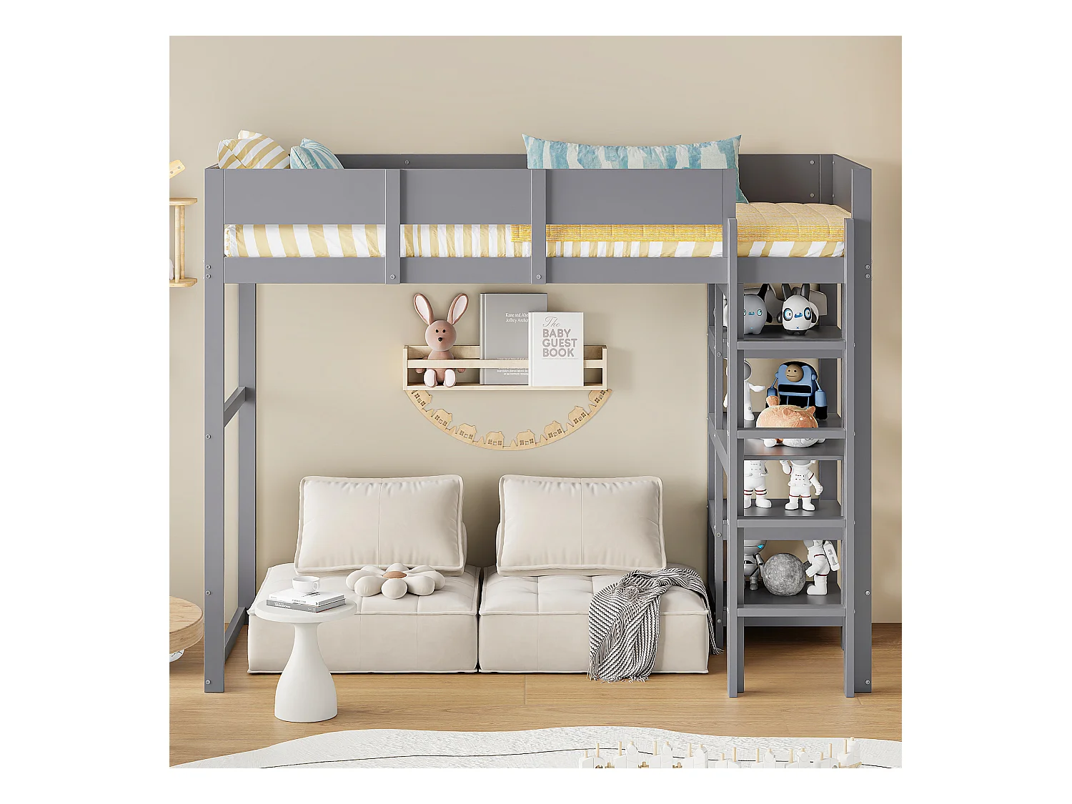 Lit mezzanine pour enfant - 90 x 200 cm - avec rangement - pin + contreplaqué + MDF - Gris