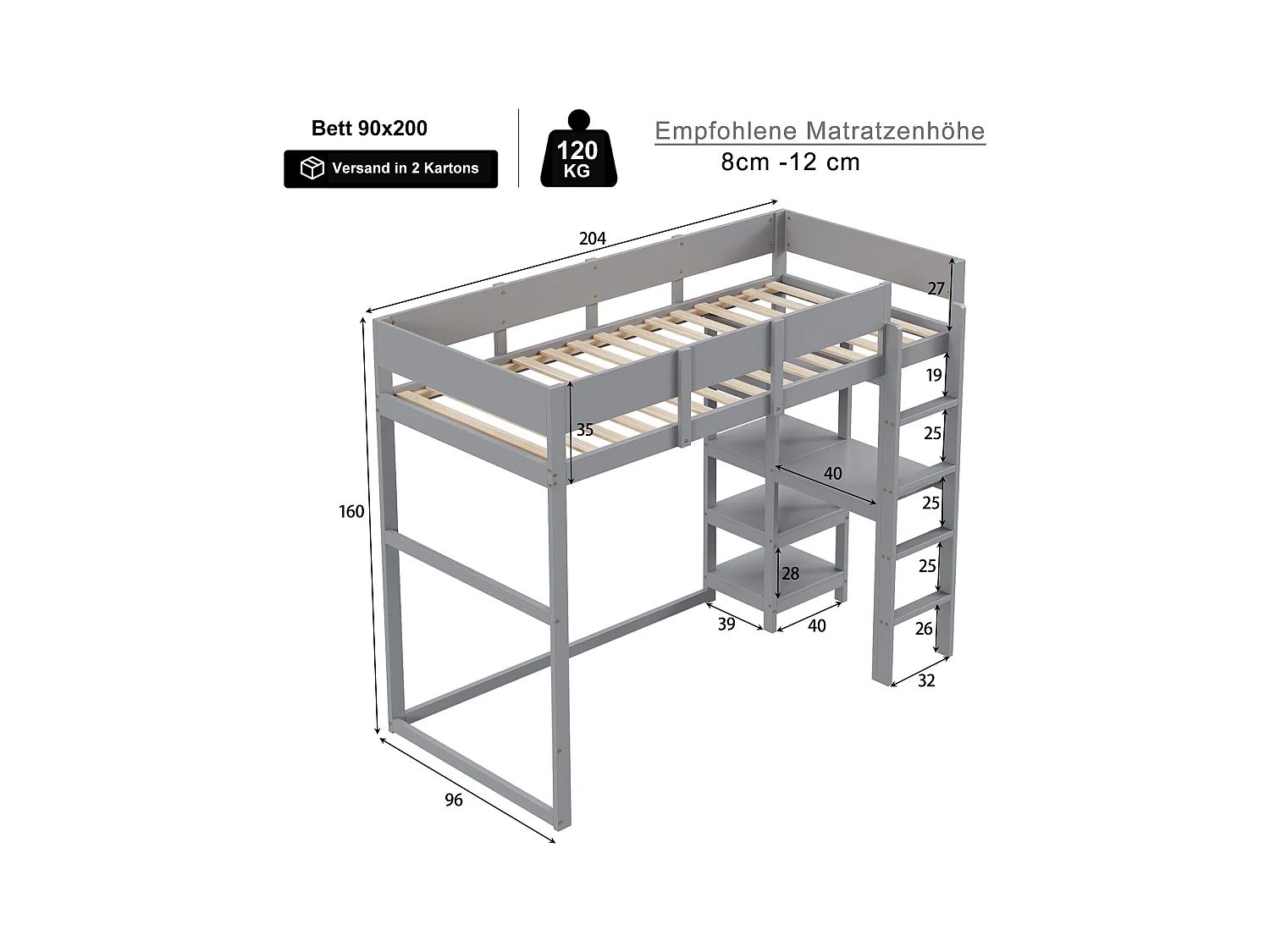 Lit mezzanine pour enfant - 90 x 200 cm - avec rangement - pin + contreplaqué + MDF - Gris