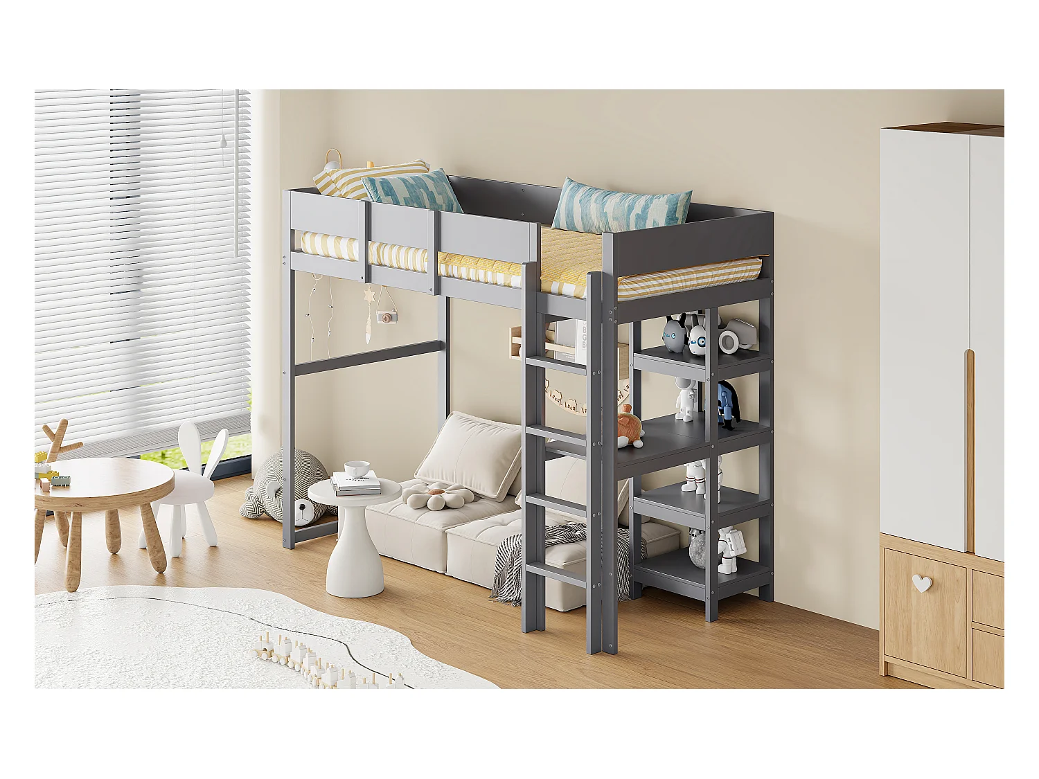 Lit mezzanine pour enfant - 90 x 200 cm - avec rangement - pin + contreplaqué + MDF - Gris