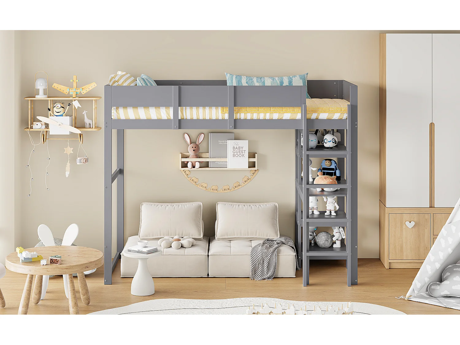 Letto a soppalco per bambini - 90 x 200 cm - con contenitore - pino + compensato + MDF - Grigio