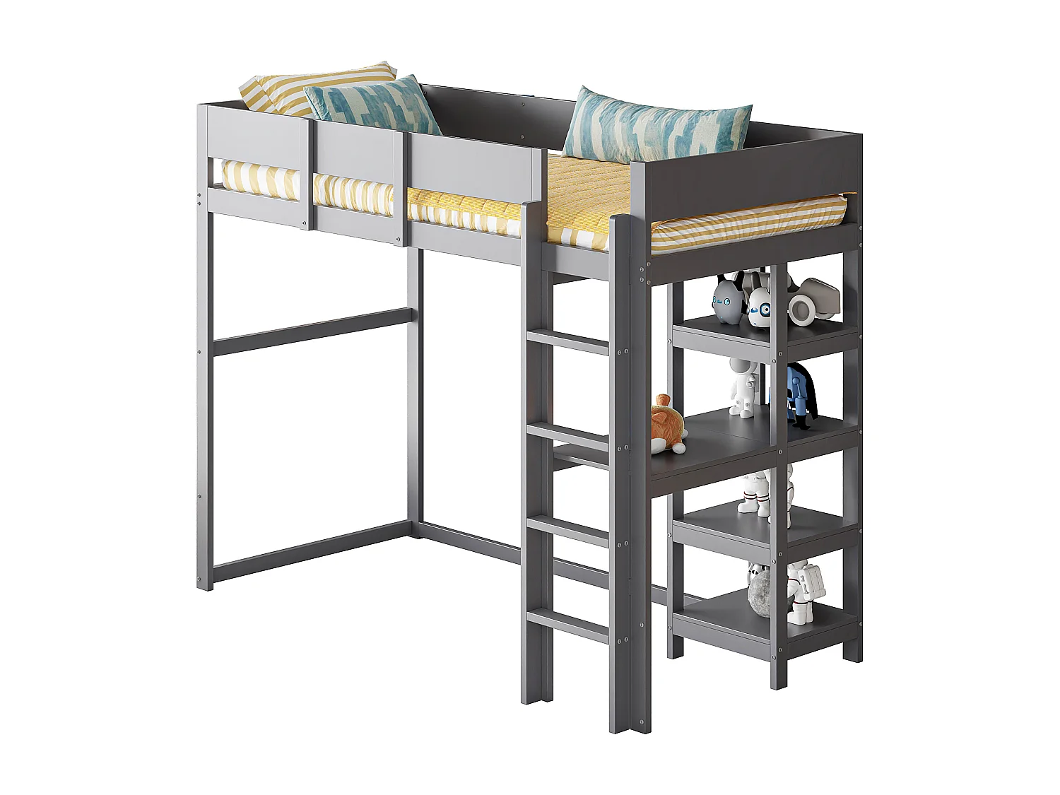 Letto a soppalco per bambini - 90 x 200 cm - con contenitore - pino + compensato + MDF - Grigio