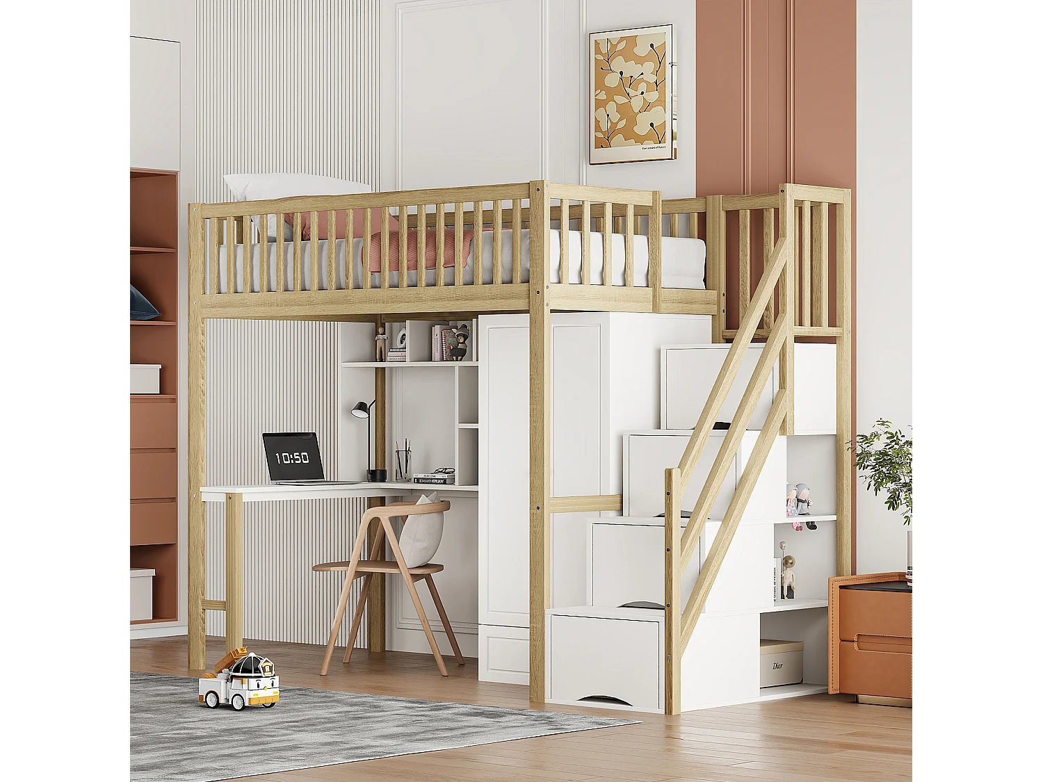 Cama mezanino infantil com roupeiro - 90 x 200 - com secretária - 4 espaços de arrumação na escada - Madeira maciça - Branco