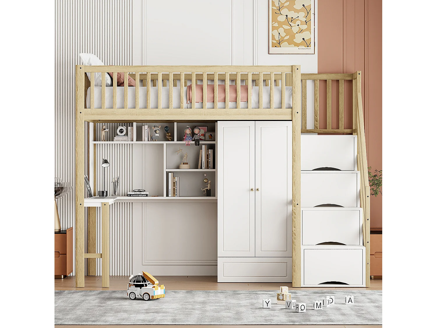 Cama mezanino infantil com roupeiro - 90 x 200 - com secretária - 4 espaços de arrumação na escada - Madeira maciça - Branco