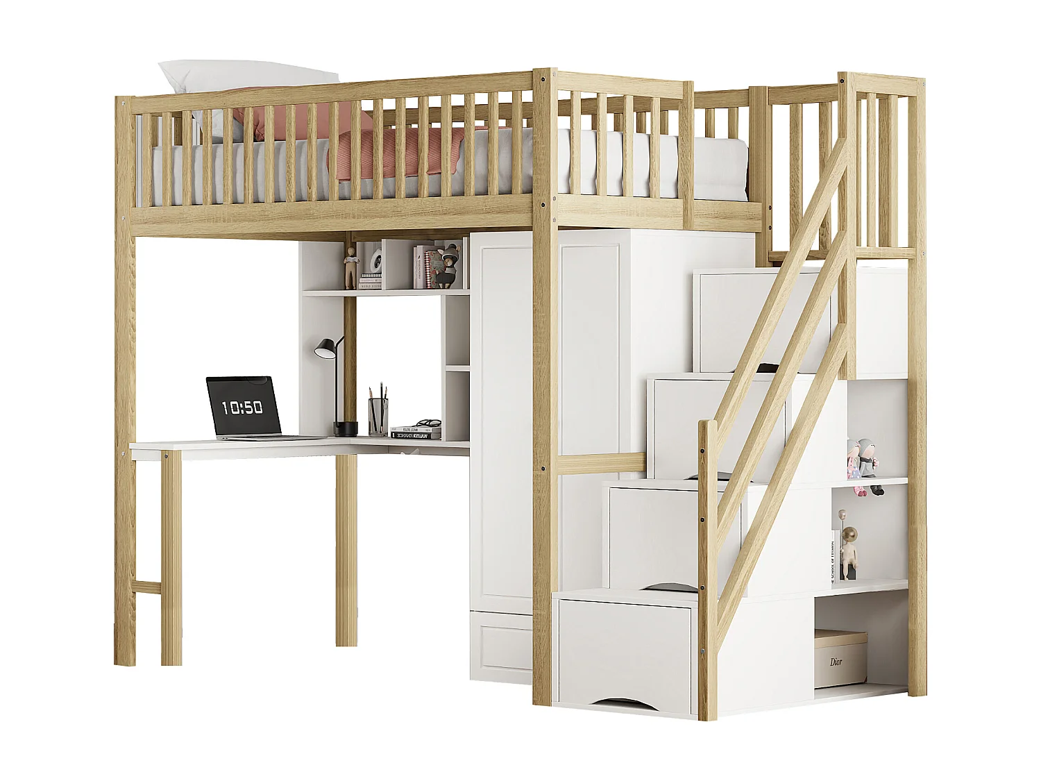 Cama mezanino infantil com roupeiro - 90 x 200 - com secretária - 4 espaços de arrumação na escada - Madeira maciça - Branco
