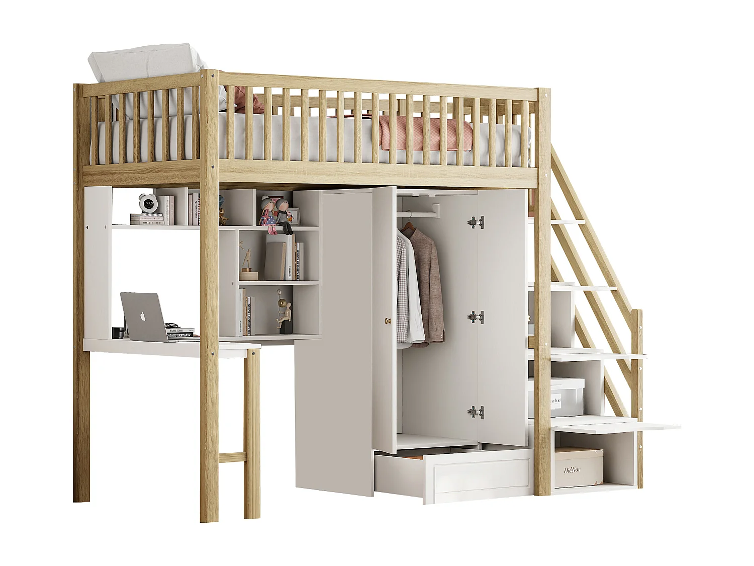Cama mezanino infantil com roupeiro - 90 x 200 - com secretária - 4 espaços de arrumação na escada - Madeira maciça - Branco