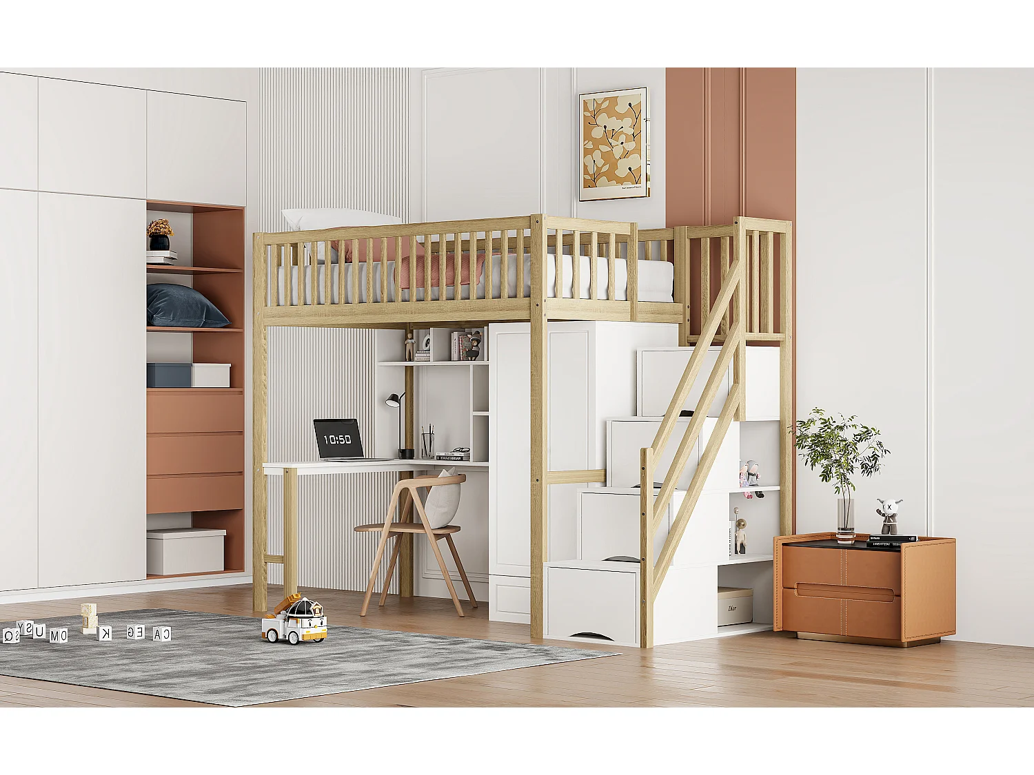 Cama mezanino infantil com roupeiro - 90 x 200 - com secretária - 4 espaços de arrumação na escada - Madeira maciça - Branco