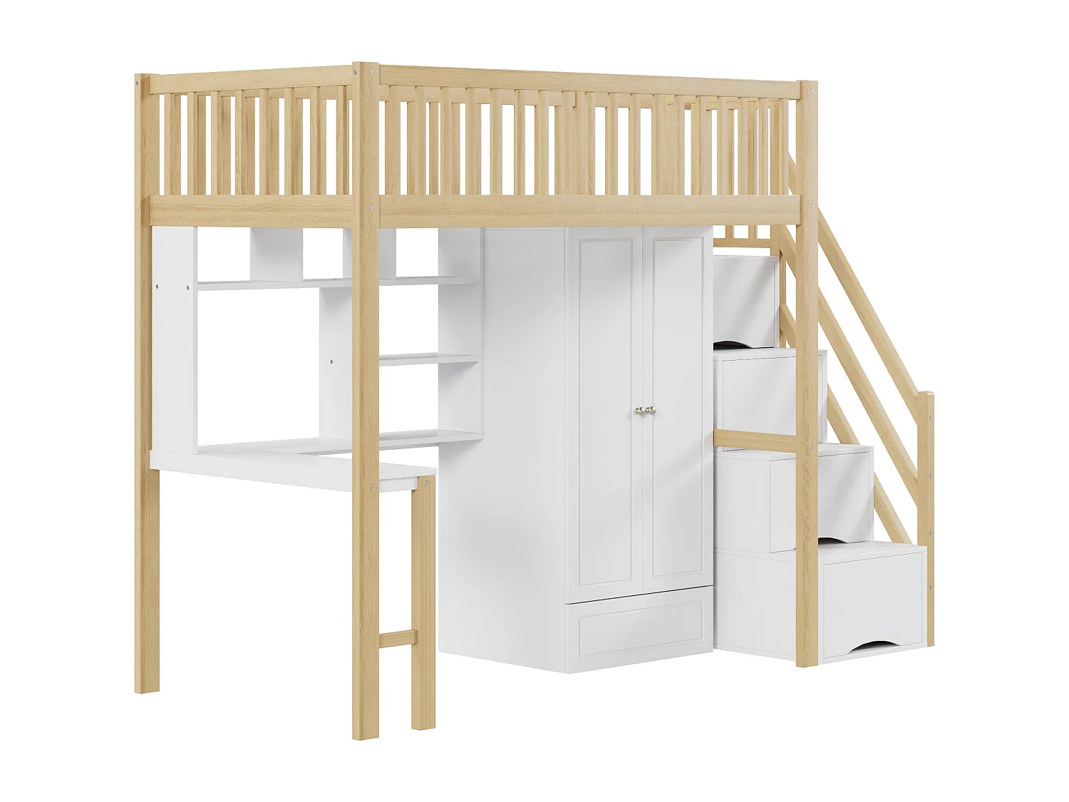 Cama mezanino infantil com roupeiro - 90 x 200 - com secretária - 4 espaços de arrumação na escada - Madeira maciça - Branco