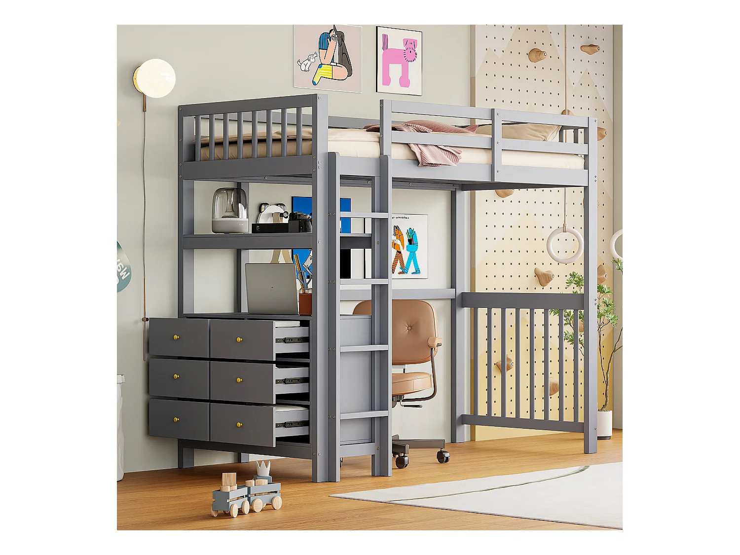 Cama alta infantil - 90 x 200 cm - 6 gavetas e escrivaninha - pinho + metal + compensado + MDF - Cinza