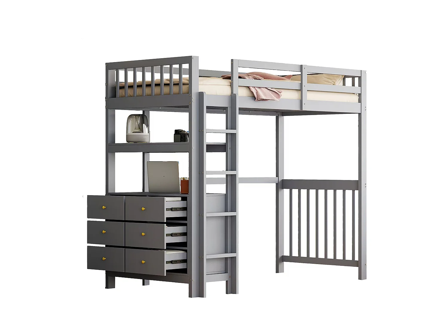 Cama alta infantil - 90 x 200 cm - 6 gavetas e escrivaninha - pinho + metal + compensado + MDF - Cinza