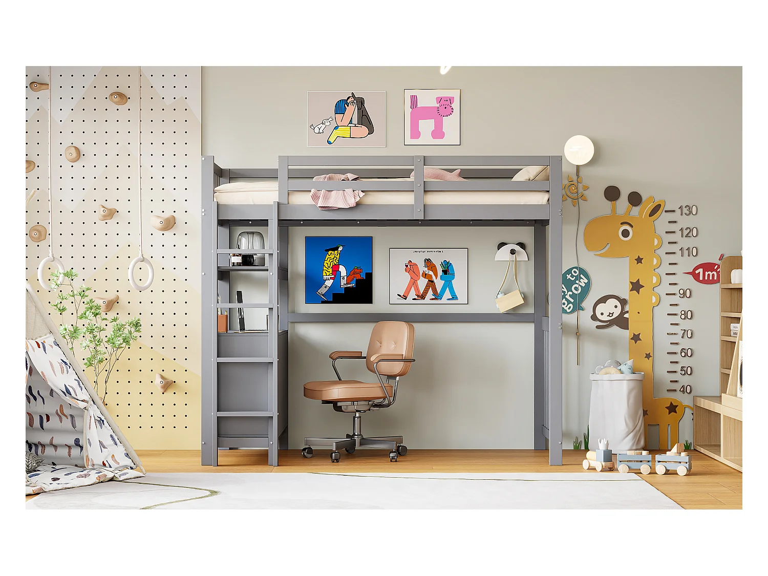 Cama alta infantil - 90 x 200 cm - 6 gavetas e escrivaninha - pinho + metal + compensado + MDF - Cinza