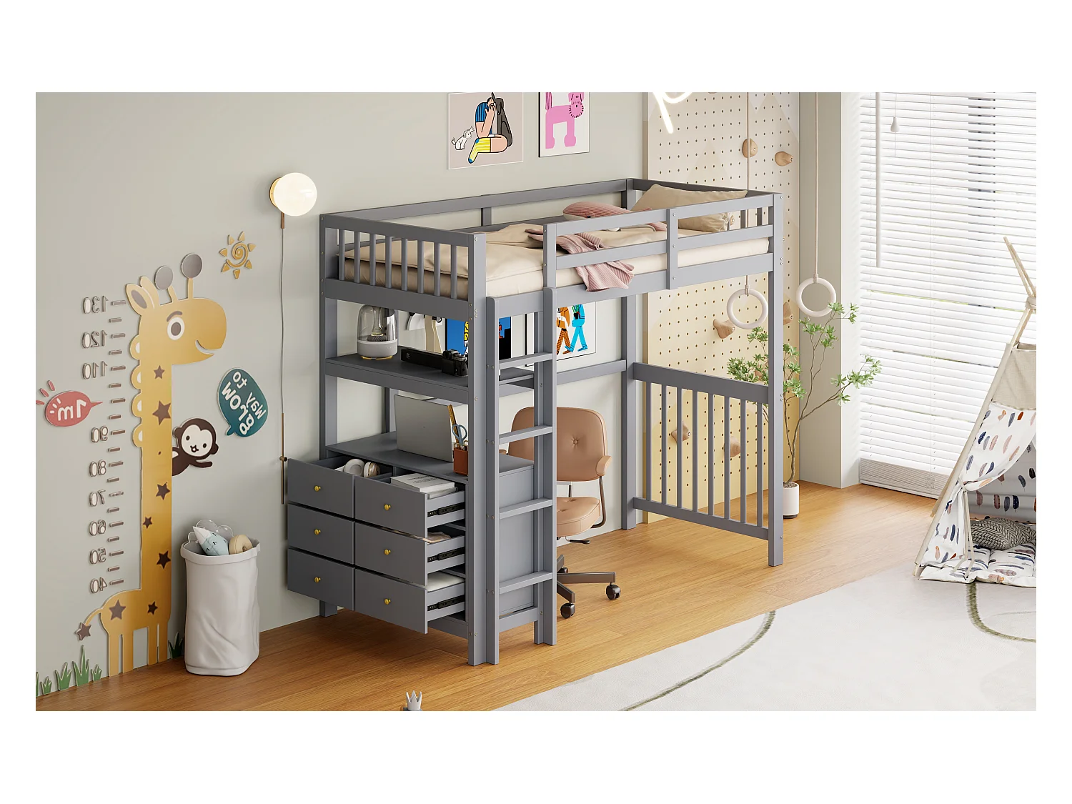 Cama alta infantil - 90 x 200 cm - 6 gavetas e escrivaninha - pinho + metal + compensado + MDF - Cinza