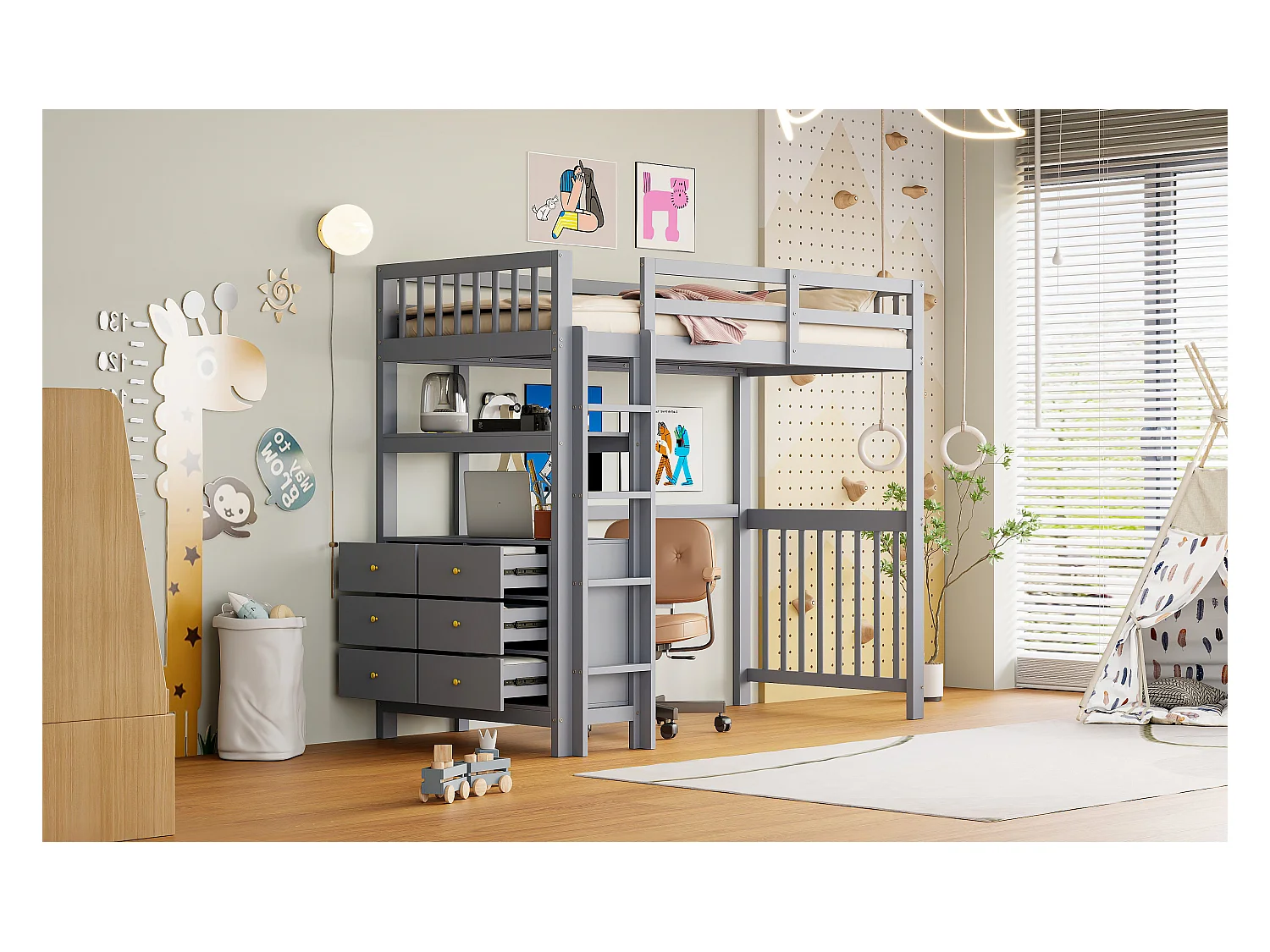 Cama alta infantil - 90 x 200 cm - 6 gavetas e escrivaninha - pinho + metal + compensado + MDF - Cinza