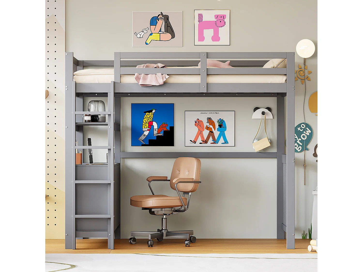 Lit mezzanine enfant - 90 x 200 cm - 6 tiroirs et bureau - pin + métal + contreplaqué + MDF - Gris