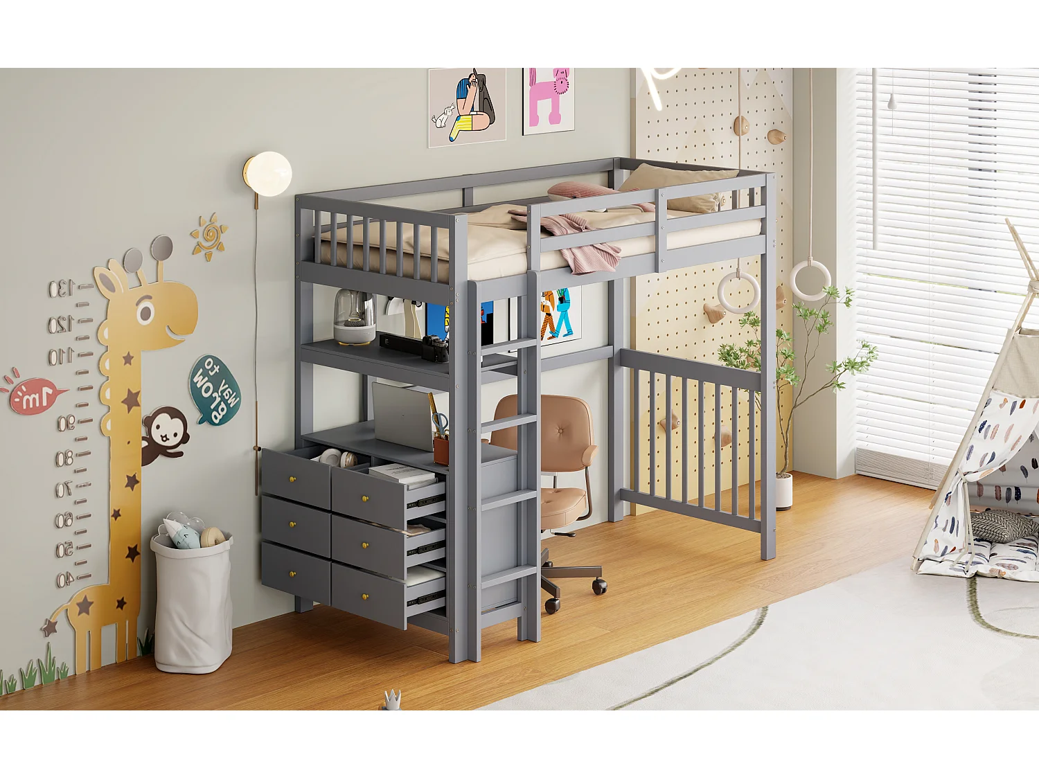 Lit mezzanine enfant - 90 x 200 cm - 6 tiroirs et bureau - pin + métal + contreplaqué + MDF - Gris