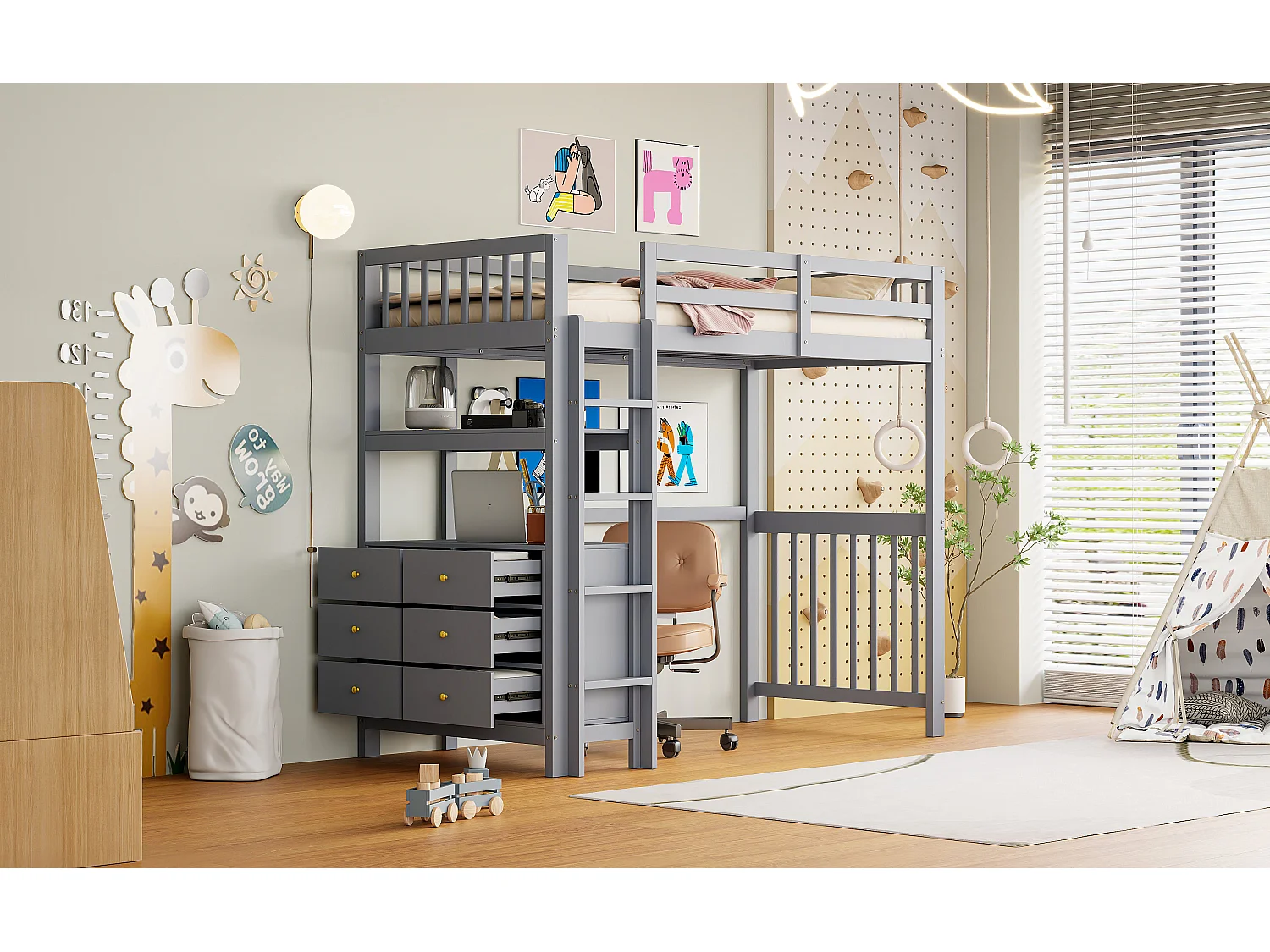 Lit mezzanine enfant - 90 x 200 cm - 6 tiroirs et bureau - pin + métal + contreplaqué + MDF - Gris