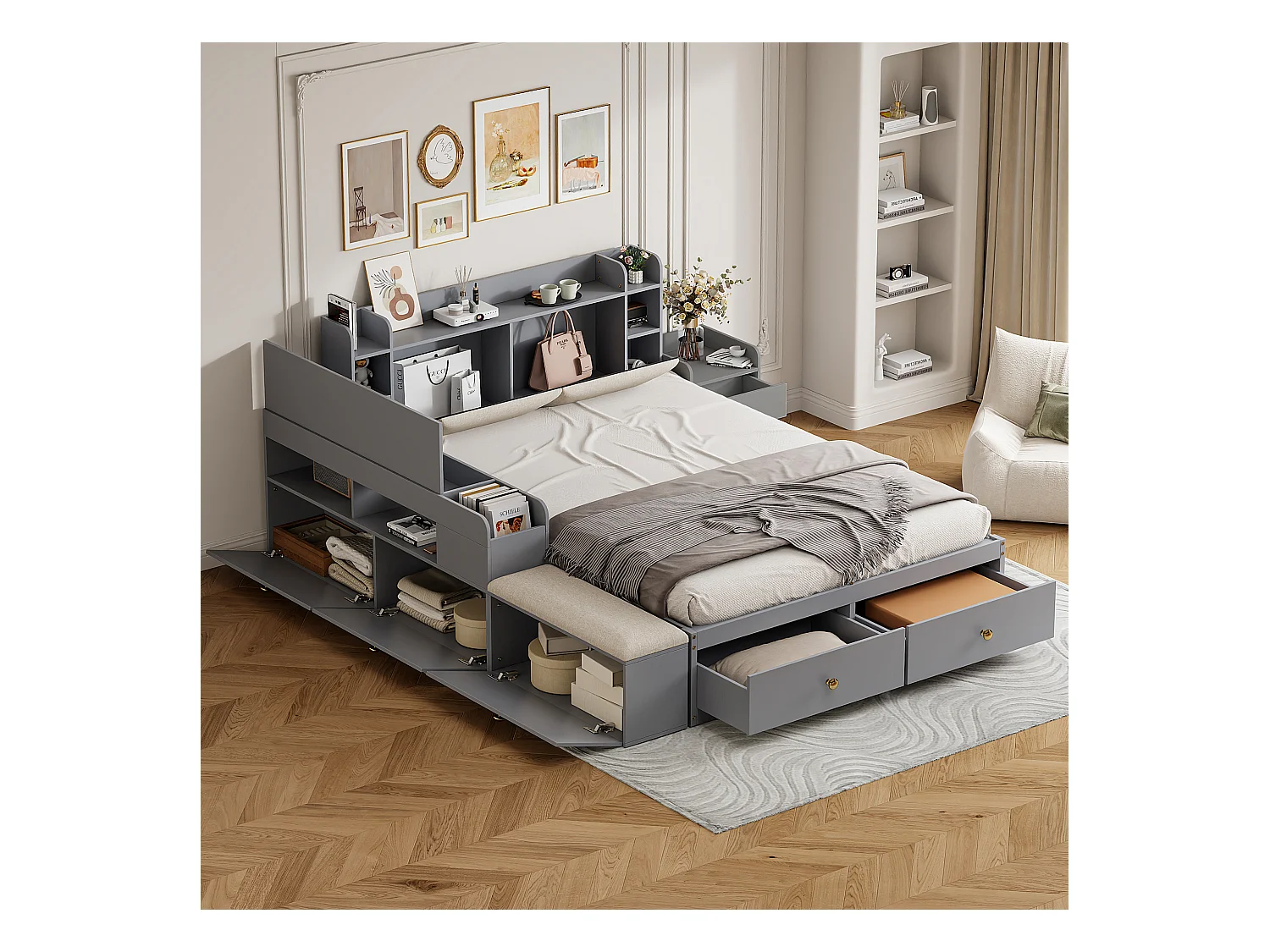 Kombibett - 140 x 200 cm - Kopfteil + Schubladen - Sofabank - Nachttisch - Kiefernholz + Sperrholz + MDF - Grau