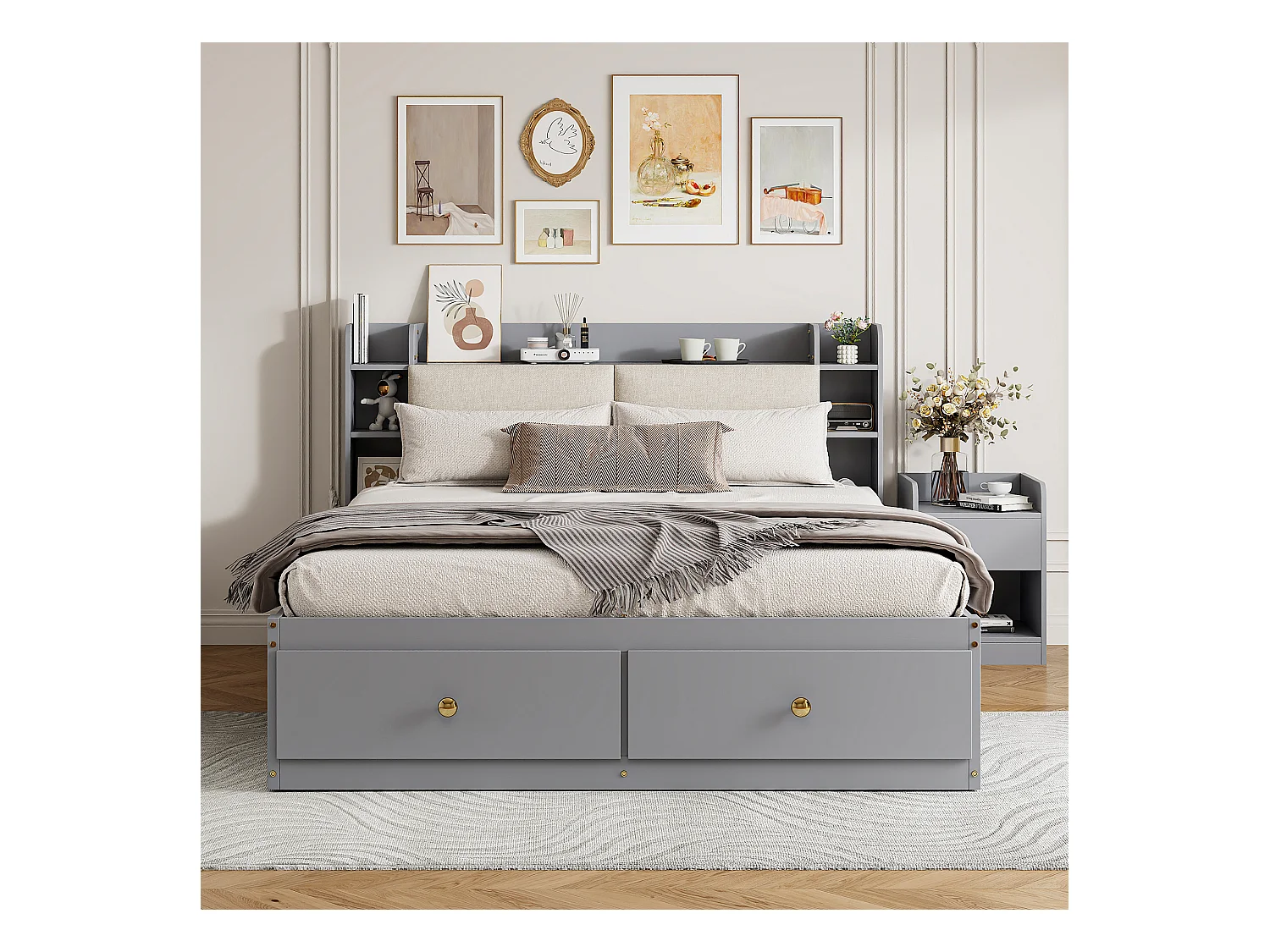 Kombibett - 140 x 200 cm - Kopfteil + Schubladen - Sofabank - Nachttisch - Kiefernholz + Sperrholz + MDF - Grau