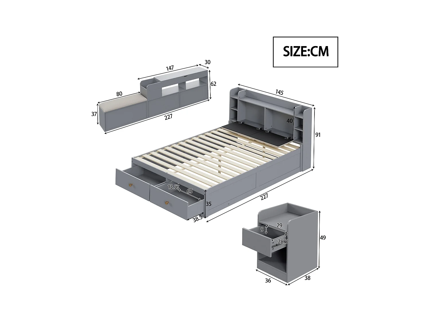 Kombibett - 140 x 200 cm - Kopfteil + Schubladen - Sofabank - Nachttisch - Kiefernholz + Sperrholz + MDF - Grau