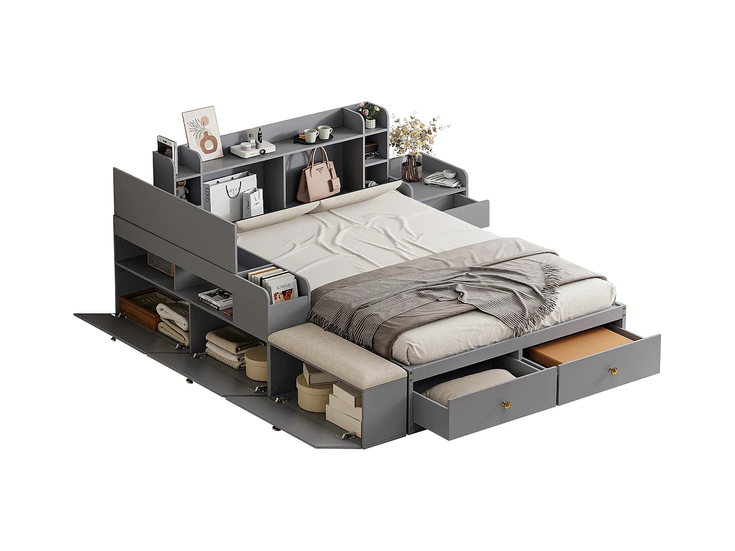 Kombibett - 140 x 200 cm - Kopfteil + Schubladen - Sofabank - Nachttisch - Kiefernholz + Sperrholz + MDF - Grau