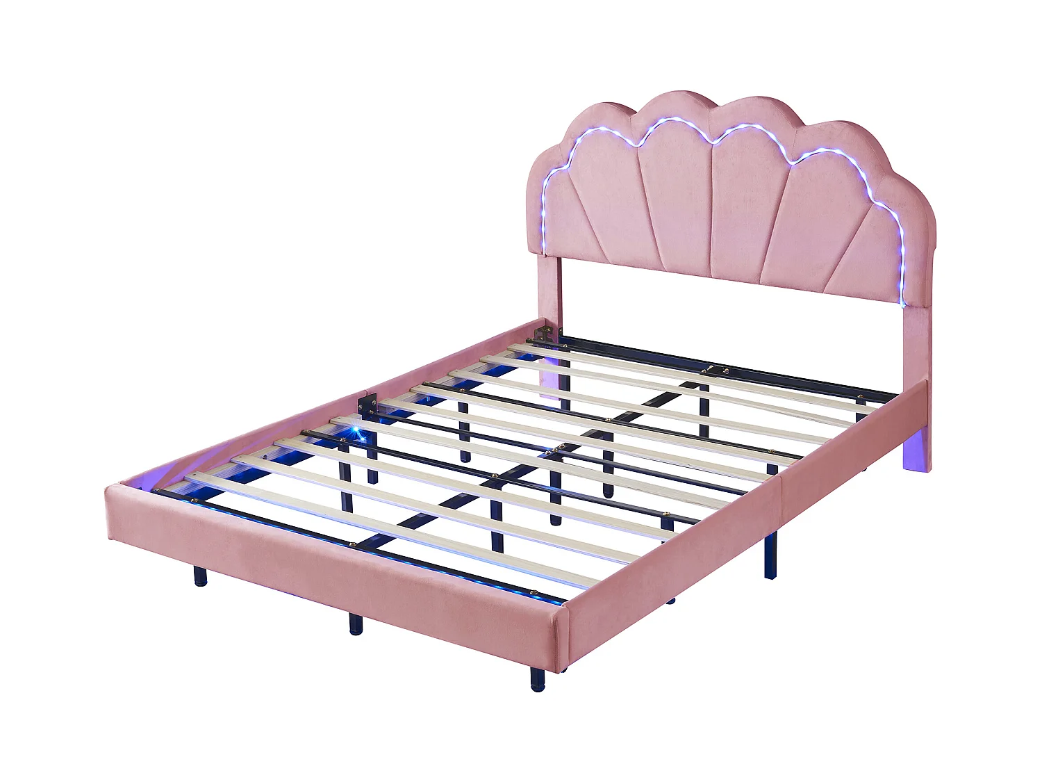 Lit capitonné simple - 140 x 200 cm - Leds + Tête - Velours - Rose