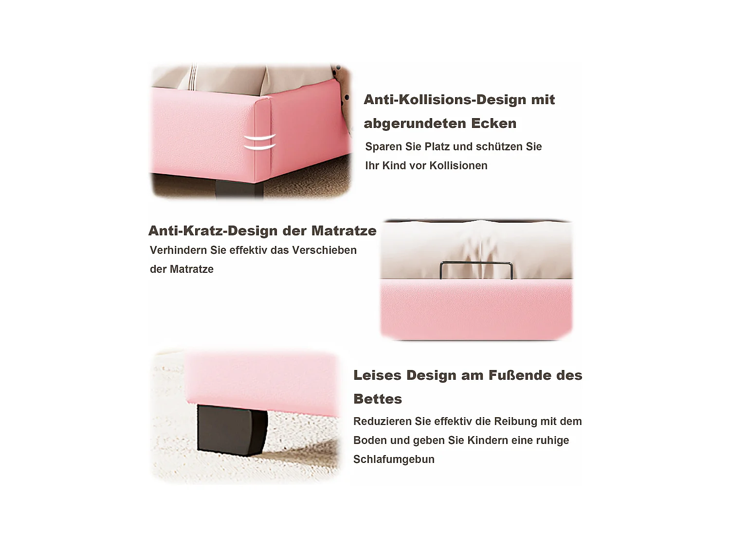 Letto imbottito per bambini - 140 x 200 cm - Testiera con modanature a corona - Legno - Rosa