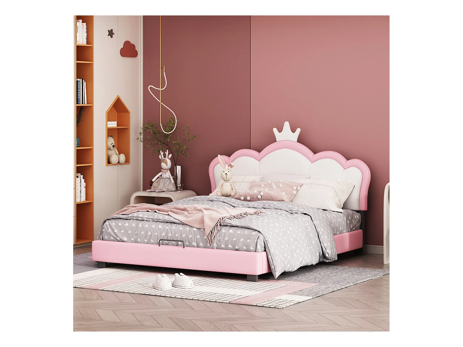Letto imbottito per bambini - 140 x 200 cm - Testiera con modanature a corona - Legno - Rosa
