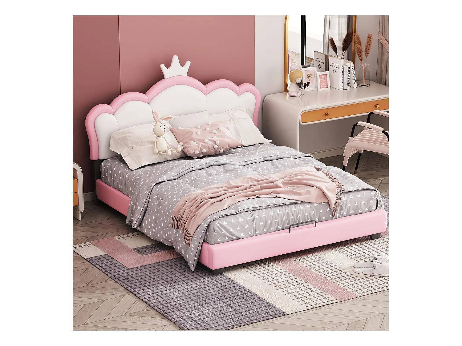 Letto imbottito per bambini - 140 x 200 cm - Testiera con modanature a corona - Legno - Rosa