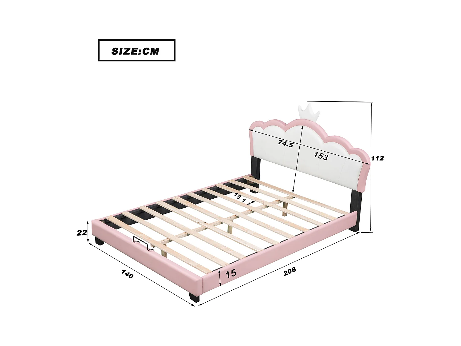 Letto imbottito per bambini - 140 x 200 cm - Testiera con modanature a corona - Legno - Rosa