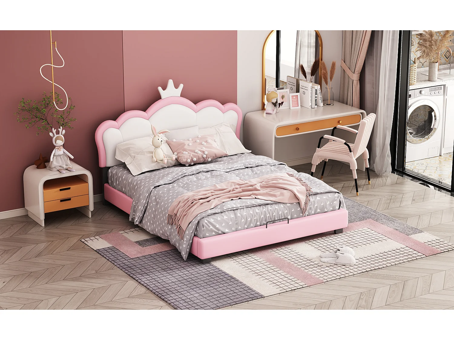 Gepolstertes Kinderbett - 140 x 200 cm - Kopfteil mit Kronenform - Holz - Rosa