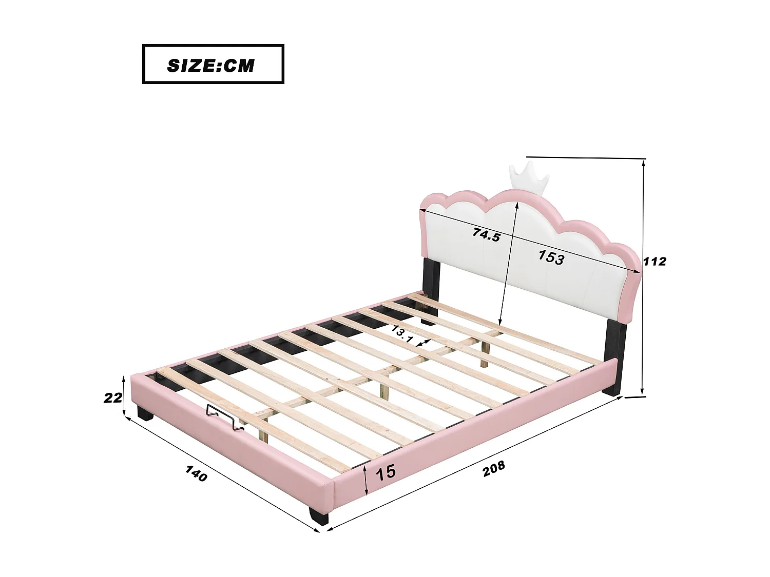 Gepolstertes Kinderbett - 140 x 200 cm - Kopfteil mit Kronenform - Holz - Rosa