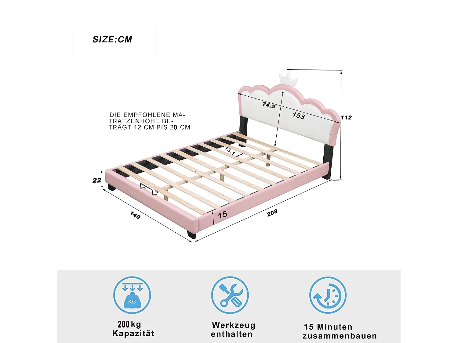 Gepolstertes Kinderbett - 140 x 200 cm - Kopfteil mit Kronenform - Holz - Rosa