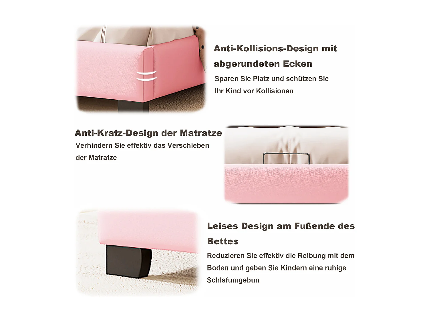 Gepolstertes Kinderbett - 140 x 200 cm - Kopfteil mit Kronenform - Holz - Rosa