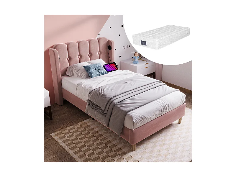 Cama individual tapizada juvenil - 90x200 cm - Colchón + Cabecero con USB - Tejido de lino - rosa