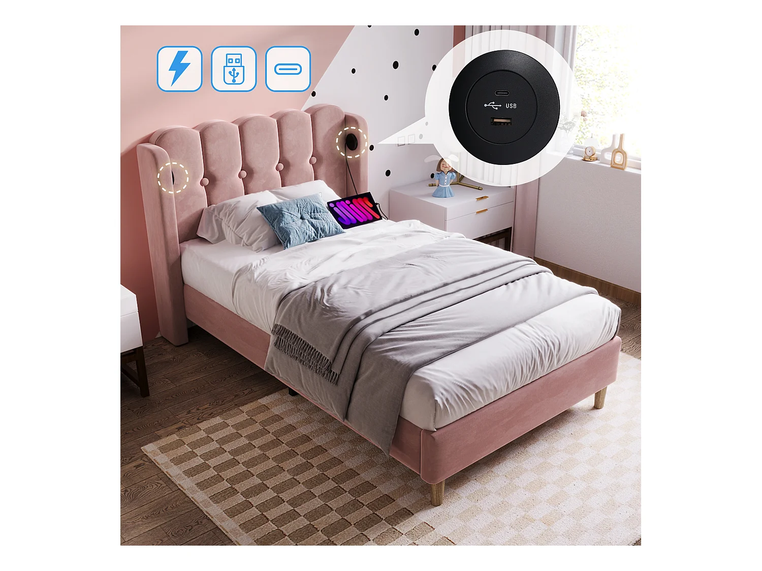 Cama individual tapizada juvenil - 90x200 cm - Colchón + Cabecero con USB - Tejido de lino - rosa