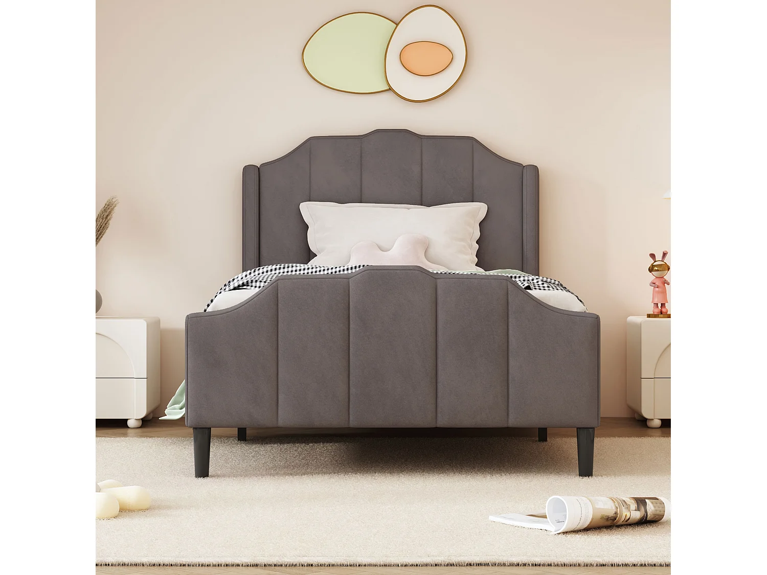 Lit rembourré pour enfant - 90 x 200 cm - avec tête - Velours - gris