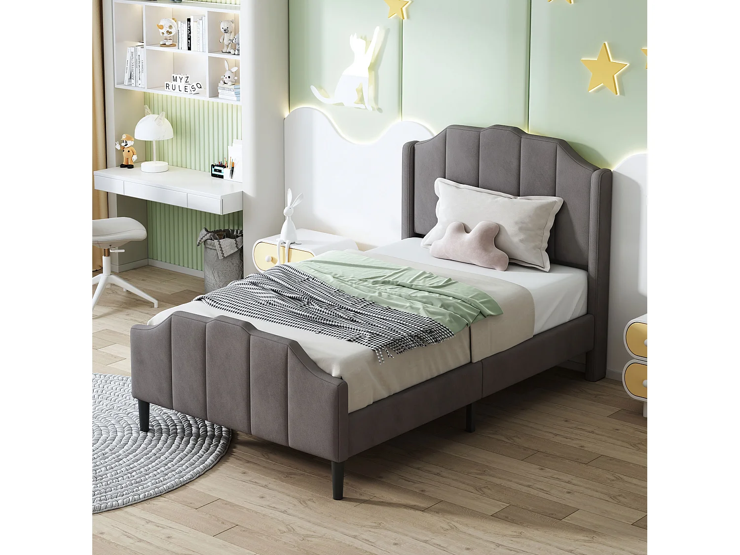 Lit rembourré pour enfant - 90 x 200 cm - avec tête - Velours - gris