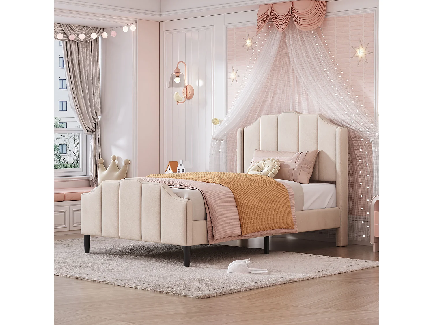 Cama infantil estofada - 90 x 200 cm - com cabeceira - Veludo - bege