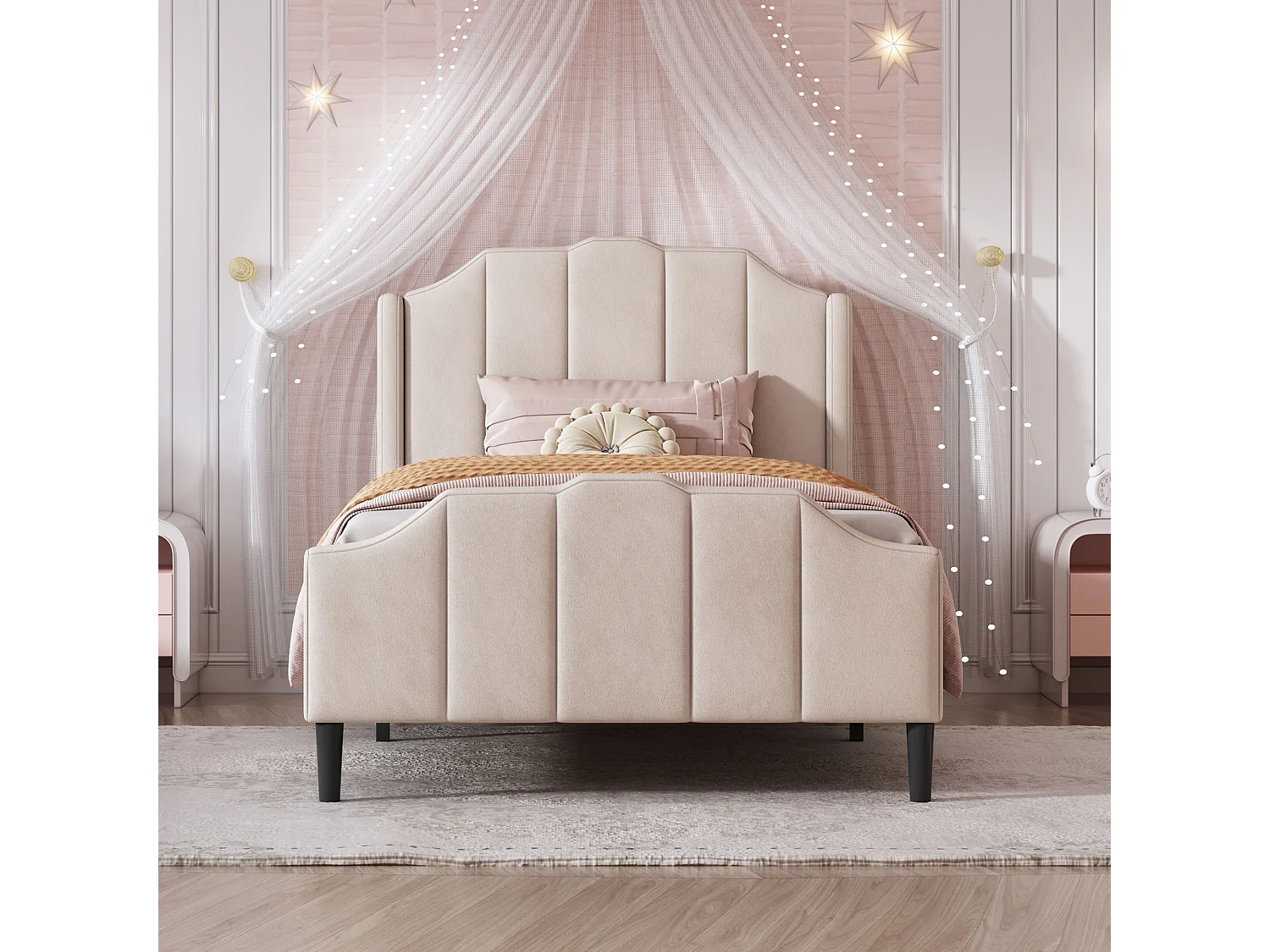 Cama infantil estofada - 90 x 200 cm - com cabeceira - Veludo - bege