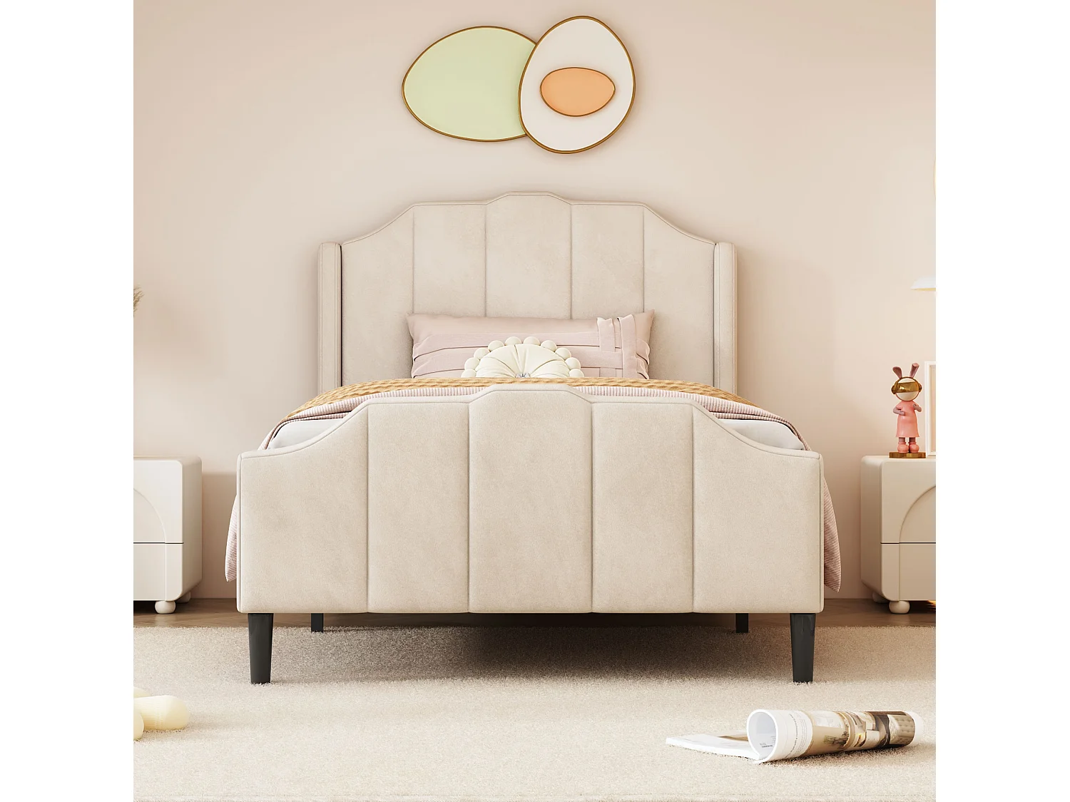 Cama infantil estofada - 90 x 200 cm - com cabeceira - Veludo - bege