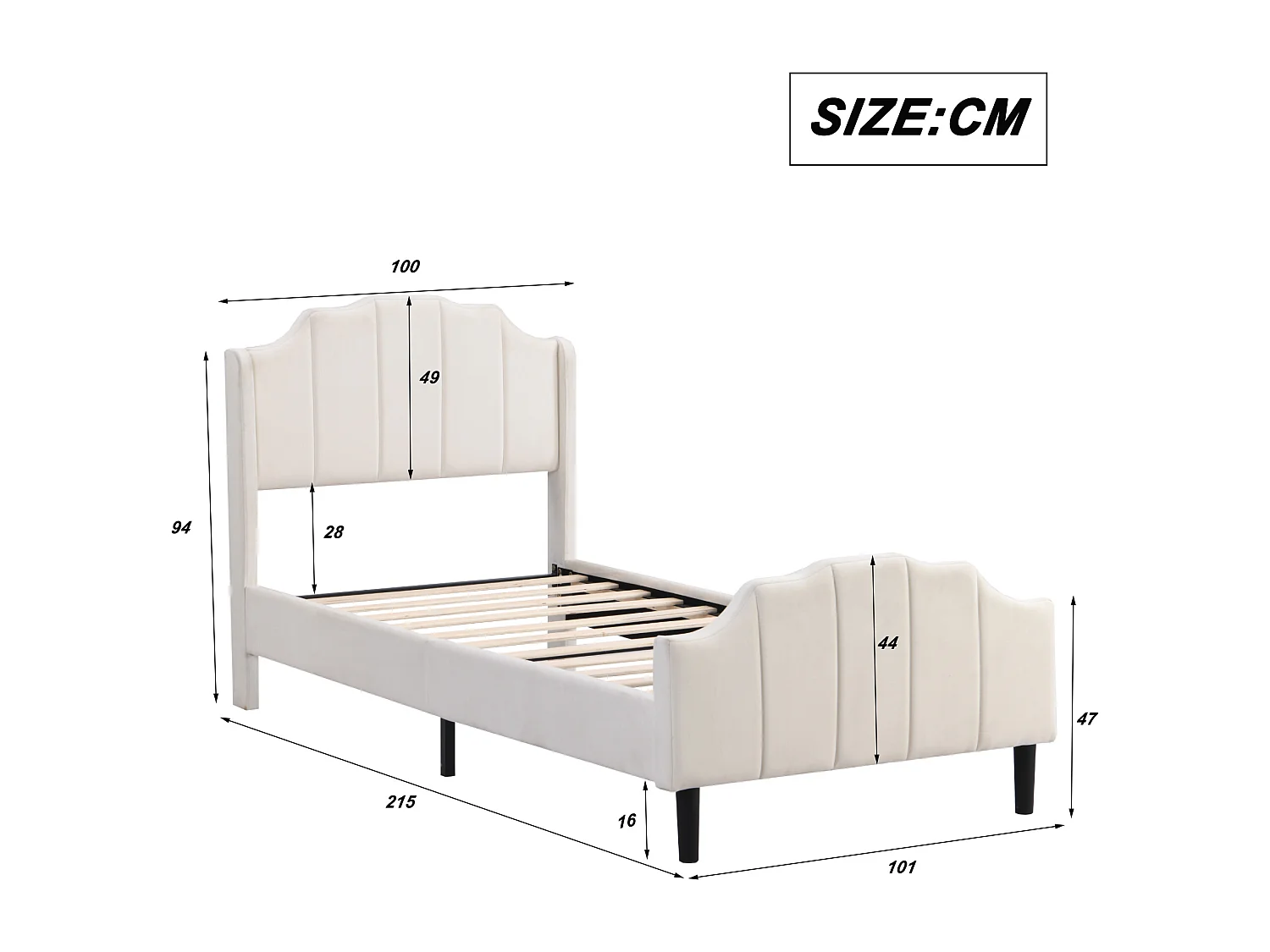Cama infantil estofada - 90 x 200 cm - com cabeceira - Veludo - bege