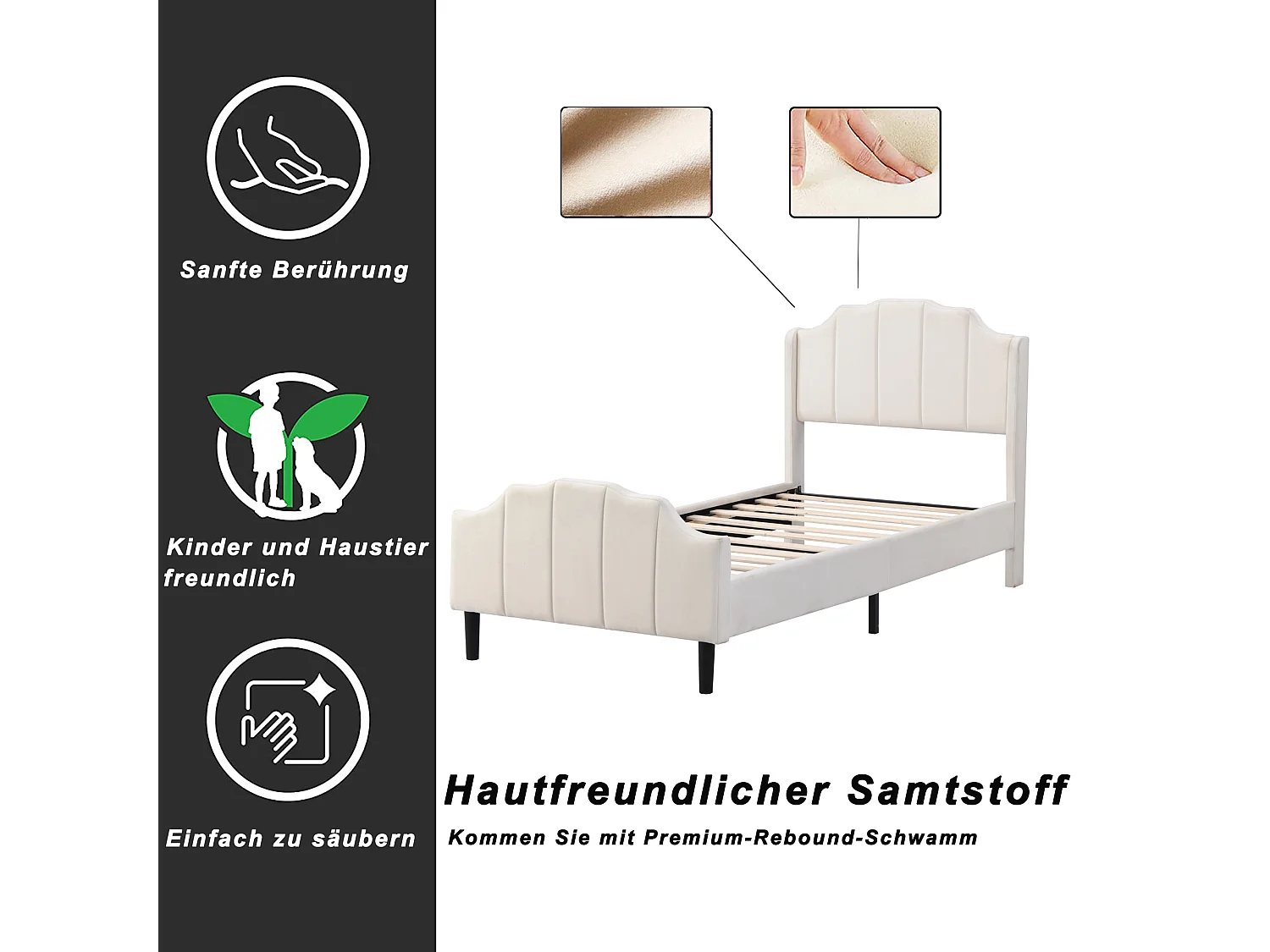 Cama infantil estofada - 90 x 200 cm - com cabeceira - Veludo - bege