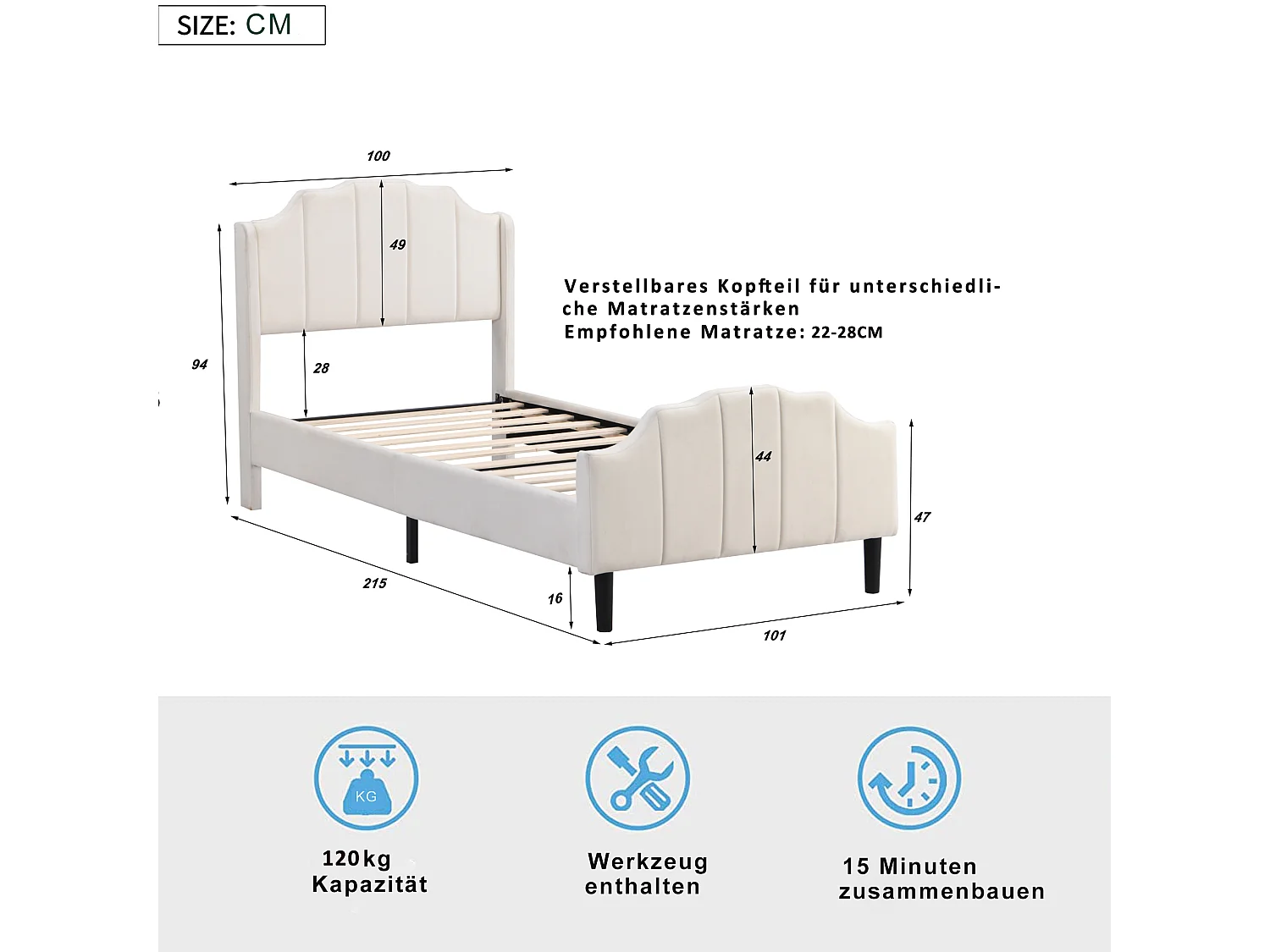 Cama infantil estofada - 90 x 200 cm - com cabeceira - Veludo - bege