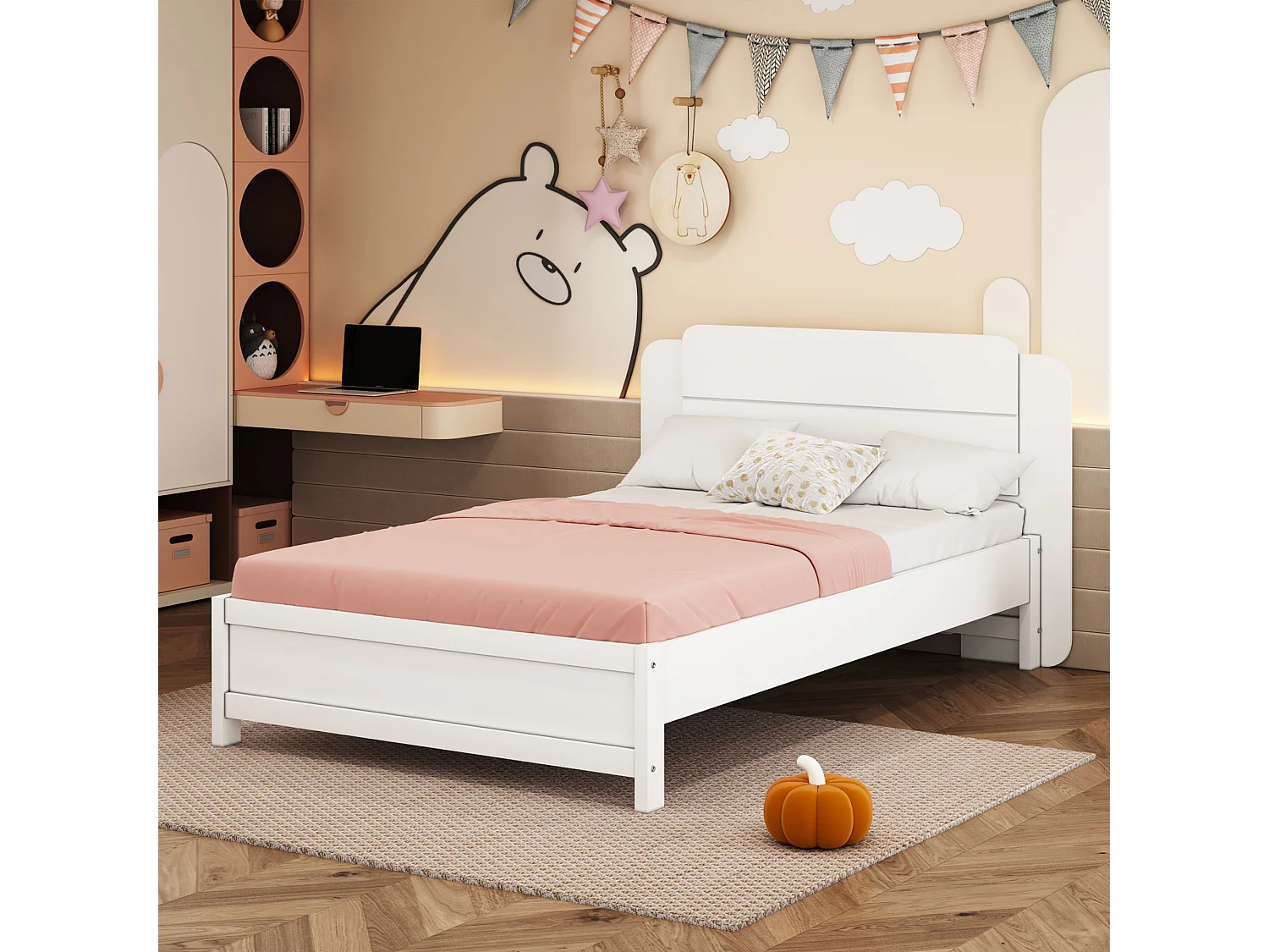 Cama de solteiro infantil - 90 x 200 cm - Cabeceira moderna - Madeira - Branco