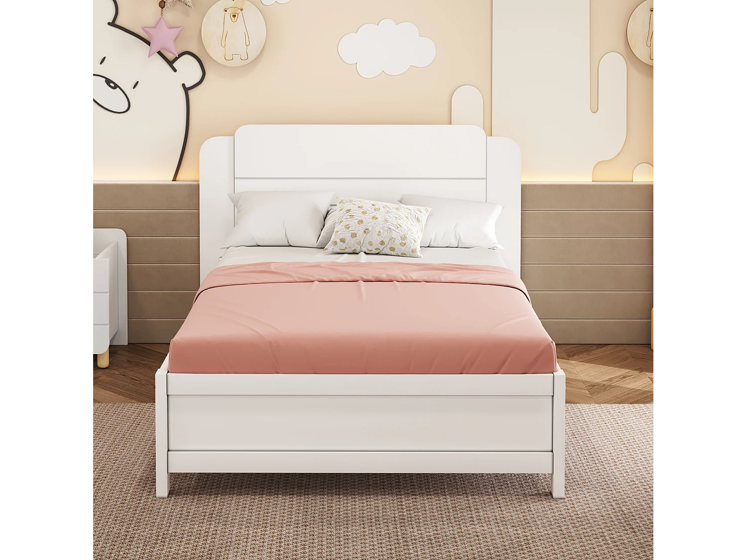 Cama de solteiro infantil - 90 x 200 cm - Cabeceira moderna - Madeira - Branco