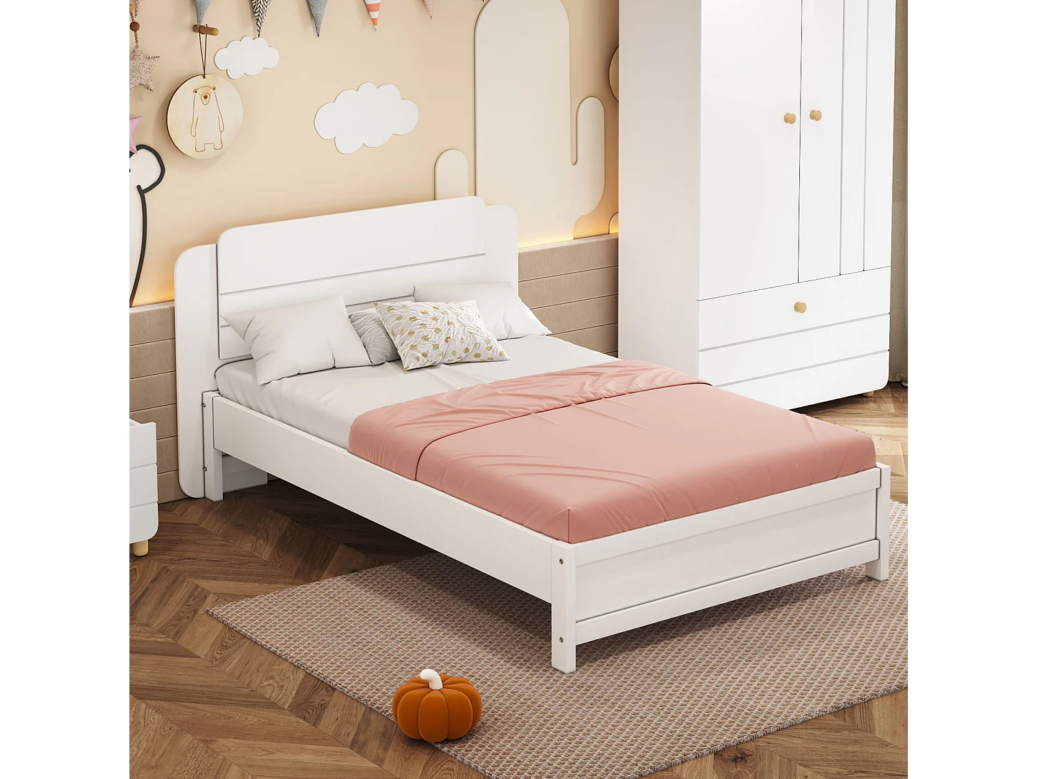 Cama de solteiro infantil - 90 x 200 cm - Cabeceira moderna - Madeira - Branco