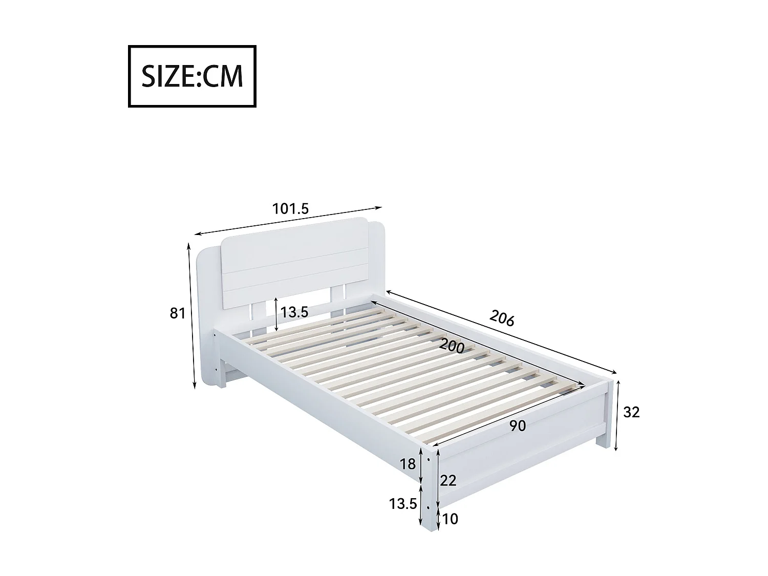 Cama de solteiro infantil - 90 x 200 cm - Cabeceira moderna - Madeira - Branco